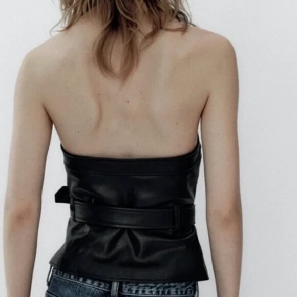 ZARA Black Leather Edgy Moto Biker Style Belted Strapless Tube Top Size S - Picture 6 of 9